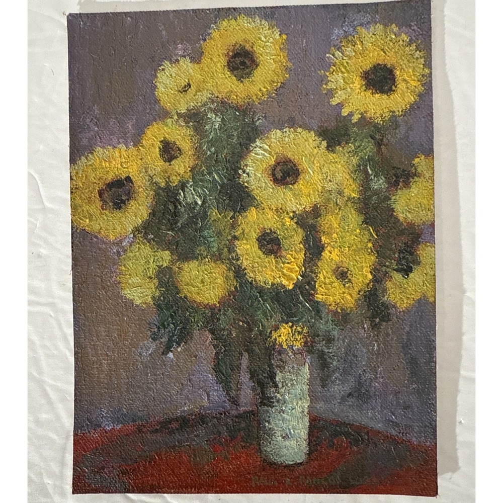 Vtg Original Signed Impressionist Oil Painting Of Sunflowers-7.25"‎ H x 5 3/8" L